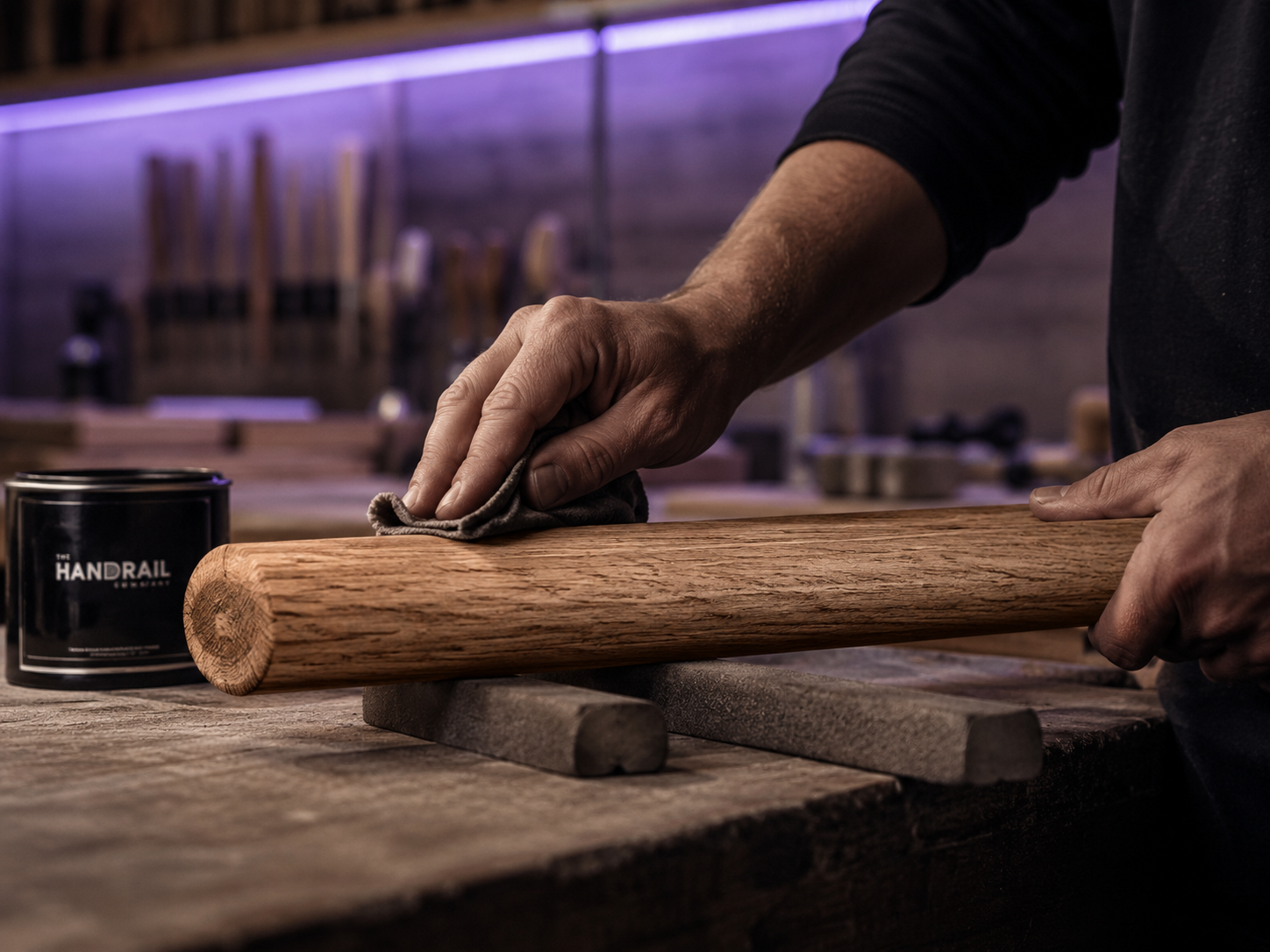 Solid wooden handrail being worked in a Swedish workshop